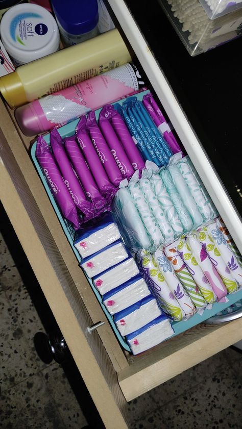 Organized Drawers Aesthetic, Period Organization Storage, Period Organization, Pad Organization, Feminine Product Storage, Period Starter Kit, Period Supplies, Period Box, Bedroom Ideas For Small Rooms Diy