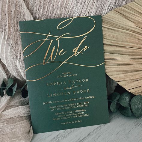 Emerald Wedding Colors, Leaf Font, Green And Gold Wedding, Green Gold Weddings, Quote Wedding, Popular Wedding Invitations, Dark Green Wedding, Dark Emerald Green, Green Themed Wedding