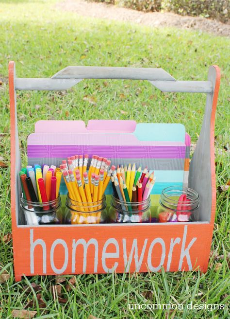 homework caddy...can use this tutorial for caddy - http://www.fynesdesigns.com/15-minute-diy-wood-caddy/ ... Homework Caddy, Wood Caddy, Homework Station, Back To School Organization, Diy Back To School, School Help, Organization Kids, School Readiness, School Organization