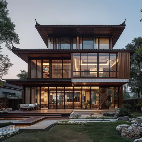 A modern Chinese-style house with large windows and a wooden deck overlooking a peaceful backyard Modern Contemporary Mansion, Deck In Backyard, Chinese Style House, Chinese Modern Architecture, Modern Chinese Architecture, Modern Chinese Home, Chinese Modern House, House With Large Windows, Chinese Villa