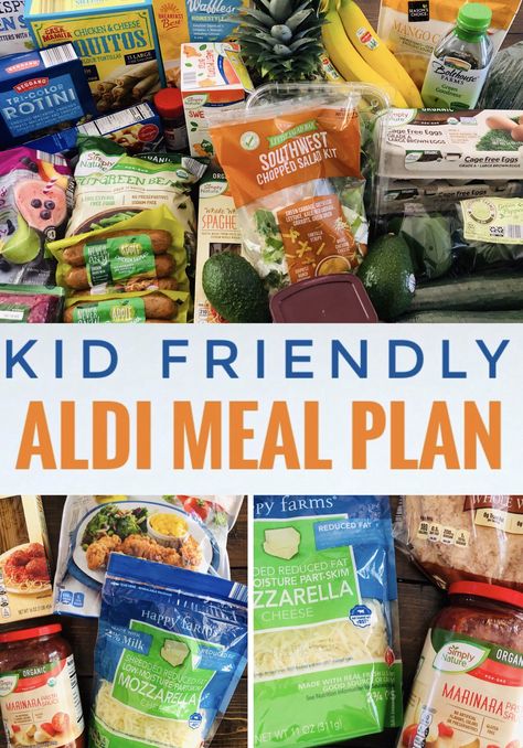 This kid friendly ALDI meal plan includes seven easy dinner ideas plus breakfast and lunch options. Great for picky eaters!  #aldi #aldimealplan #kidfriendly #kidfriendlyrecipes #kidfriendlymeals #kidfriendlydinner Aldi Meal Plan And Grocery List, Easy Dinner Recipes From Aldi, Aldi Family Meal Plan, Feed A Family Of 6 On A Budget, Aldi Breakfast Meal Plan, Aldi Kids Lunch Ideas, Weekly Aldi Meal Plan, Aldi Lunch Ideas For Work, Lidl Meal Plan