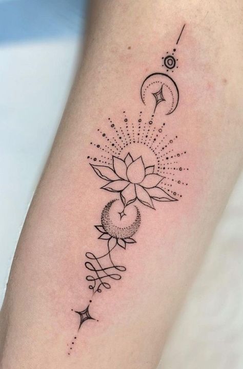 Yoga Back Tattoo Women, Spiritual Lotus Tattoo, Unalome Tattoo Female Design, Unalome Meaning, Unalome Tattoo Ideas, Elbow Tattoo Design, Filler Tattoos, Lotusblume Tattoo, Spiritual Tattoo