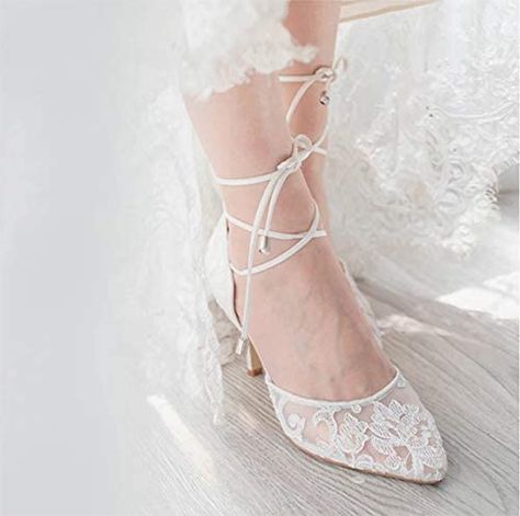 Amazon.com | ERIJUNOR E2374 Ivory Lace Mesh Satin Bridal Wedding Shoes for Women Comfortable Mid Heel Tie Up Ankle Strap Pointy Toe Pumps Ivory Size 8 | Pumps White Lace Heels, Wedding Shoes For Women, Lace High Heels, Wedding High Heels, Wedding Shoes Lace, Wedding Shoes Bride, Bridal Wedding Shoes, Satin Tulle, Lace Heels