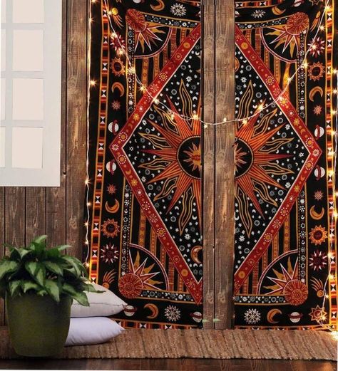 Door Drapes, Hippie Curtains, Cortinas Boho, Sun And Moon Mandala, Mandala Curtains, Burning Sun, Sun And Moon Tapestry, Tapestry Curtains, Moon Mandala