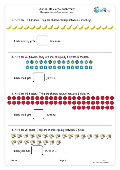 Sharing into 2 or 5 equal groups - Division Maths Worksheets for Year 2 (age 6-7) by URBrainy.com Division Equal Groups, Year 2 Maths Worksheets, Math Division Worksheets, Division Activities, Math Addition Worksheets, Free Printable Math Worksheets, Math Pages, Maths Worksheets, Mathematics Worksheets