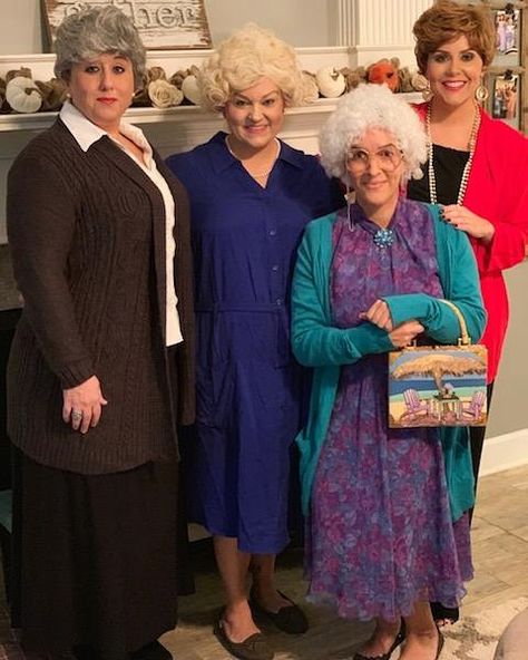 Rich Old Lady Costume, Golden Girls Costume Ideas, Old Lady Costume For Women Diy, Nursing Home Costume Ideas, Diy Old Lady Costume For Adults, Golden Girls Halloween Costume, Office Halloween Costume Group, Work Halloween Costumes Group, Office Group Halloween Costumes