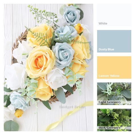 Royal Blue And Pale Yellow Wedding, Pink And Pale Yellow Wedding, Blue Yellow White Wedding Theme, Dusty Blue And Yellow Bouquet, Dusty Blue And Yellow Wedding Flowers, Yellow Wedding Ideas Color Schemes, Blue White And Yellow Bouquets, Dusty Blue Yellow Wedding Theme, Yellow Dusty Blue Wedding