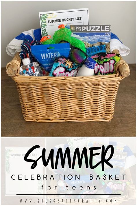 Summer Celebration Basket for Teens Summer Basket For Teens, Welcome To Summer Basket For Kids, Summer Baskets For Kids, Kids Summer Basket, Summer Gift Baskets For Kids, Summer Basket For Kids, Summer Basket Gift Ideas, Summer Fun Gift Basket, Summer Fun Basket