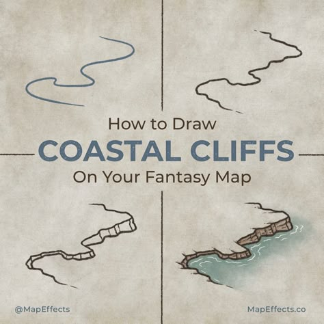 Tutorial on how to draw coastal cliffs on your fantasy map Map Inspired Art, Fantasy Map Borders, Drawn Fantasy Map, Fantasy Map Icons Forest, How To Fantasy Map, Fantasy Drawing Tutorial, Map Building Design, Fantasy Map Coastline, Fantasy Map Details