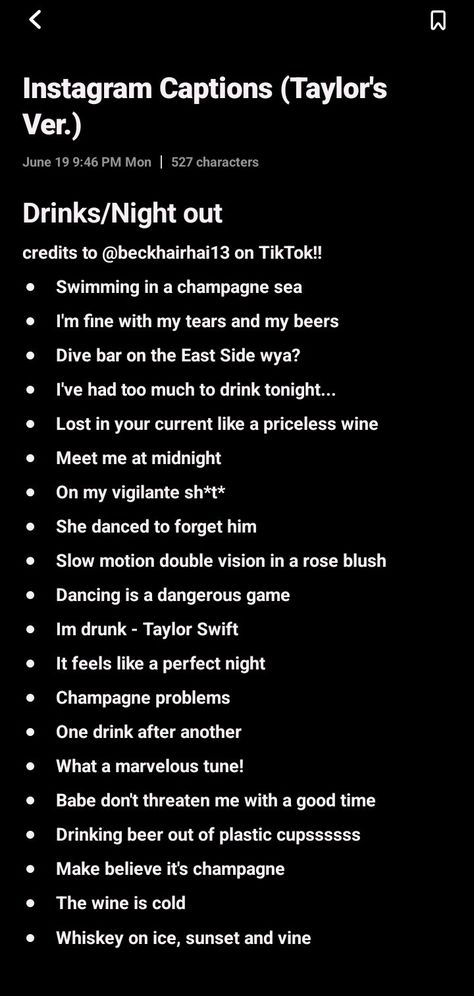 Instagram Captions Taylor Swift graduation  recognition vacation friendship friends me time selfie photos dump spam travel traveling seasons summer autumn fall winter ears tour red lover reputation speak now all too well drinks night out birthday anniversary party celebration Night Swimming Captions, Club Captions Instagram, Drinking Captions Instagram, Bar Captions, Cocktail Captions, Drinking Captions, Dinner Poses, Boat Captions, Flirty Captions