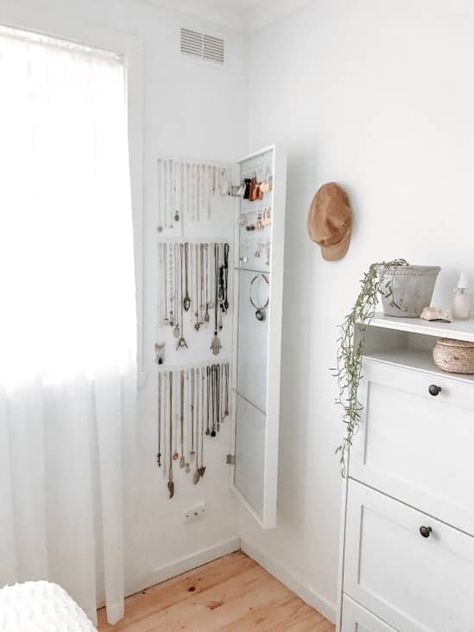 IKEA wall mirror with white frame, opened to reveal jewelry storage behind Ikea Jewelry Storage, Jewlery Storage, Cabinet Ikea, Small Closet Storage, Diy Custom Closet, Ironing Station, Deep Closet, Storage Ikea, Ikea Mirror