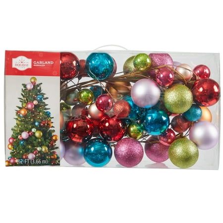 Add to your winter aesthetic this season with the Holiday Time Shatterproof Multicolor Ball Ornament Garland. This fully assembled garland features unbreakable ornaments in a variety of colors, sizes, and finishes. Use it to decorate your tree, hang it over your mantel, along your staircase, or on your door to greet your guests for the holidays. Celebrate the most wonderful time of the year by preparing your home for Christmas gatherings with our Holiday Time collection of products to help compl Using Garland On Christmas Tree, Holiday Door Garland, Old World Ornament Christmas Tree, Christmas Tree Without Garland, Inflatable Ornament Decor, Colorful Kids Christmas Tree, Shiny Brite Tree, Colorful Eclectic Christmas Decor, Christmas Tree Balls Decoration