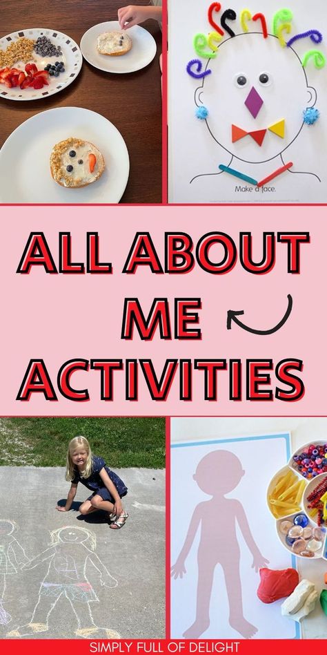 All about me theme for preschool - fun activities including crafts, printables and games Preschool Topics Lesson Plans, Preschool Hands On Activities Learning, I Am Special Activities Preschool, All About Me Creative Activities, All About Me Gross Motor Activities Preschool, About Me Prek Activities, My Amazing Body Preschool Activities, All About Me Activities For Preschoolers Lesson Plans, All About Me Preschool Theme Books