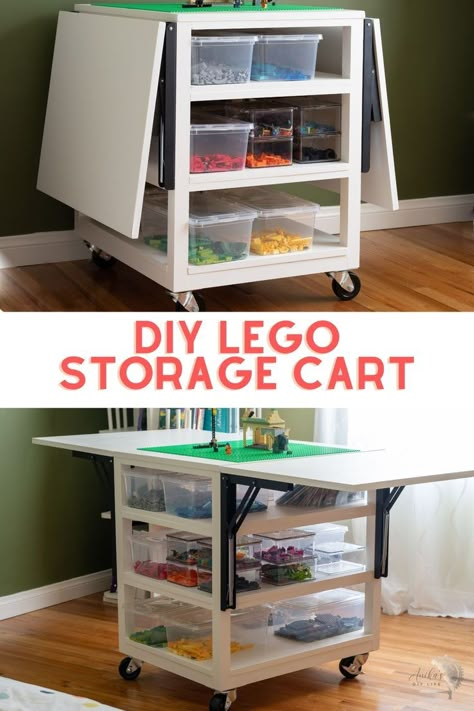 Collage of Lego table with storage with sides open and sides closed with text description. Kids Craft Storage Small Space, Diy Lego Desk With Storage, Table For Legos, Lego Storage For Small Spaces, Pull Out Lego Table, Portable Lego Table, Lego Workspace Ideas, Older Kid Toy Storage, Lego Storage Table Diy