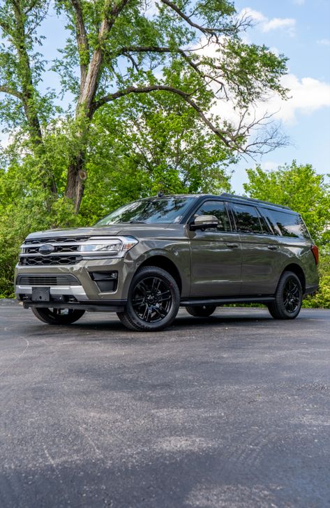 Custom 2024 Ford Expedition SUV in Wild Green with accessories like a vinyl wrap, black rims, and chrome delete emblems. 2024 Ford Expedition, Ford Suv, Full Size Suv, Vinyl Roofing, Lincoln Aviator, New Suv, King Ranch, Ford Excursion, Cars Luxury