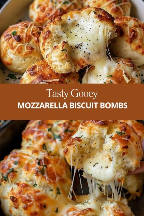 Gooey Mozzarella Biscuit Bombs Recipes Using Mozzarella Cheese, Mozzarella Biscuits, Mozzarella Balls Recipe, Soft Biscuits, Grand Biscuit Recipes, Fresh Mozzarella Recipe, Festive Snacks, Meal Sides, Pizza Ball