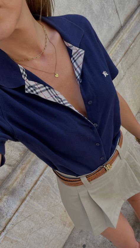 Burberry Polo Outfit Women, Preppy Polo Outfit, Navy Blue Polo Shirt Outfit Woman, Ralph Lauren Belt Outfit, Cute Polo Shirt Outfits, Burberry Shirt Outfit Women, Ralph Lauren Polo Shirt Outfit Women's, Blue Polo Shirt Outfit Women, Checkered Shirt Outfit Women