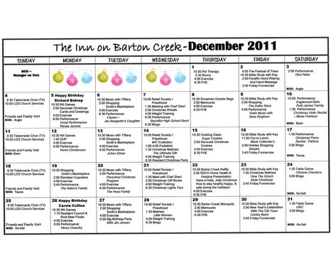 Barton Creek Assisted Living: December 2011 Activities Calendar Elder Activities, Seniors Activities, Resident Activities, Activities For High School, Assisted Living Activities, Memory Care Activities, Activities Director, Senior Assisted Living, Adult Activities