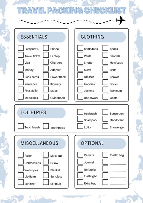 Planning a trip? This ultimate travel packing checklist ensures you never leave anything behind! From travel essentials and must-have clothing items to toiletries, gadgets, and important documents, this checklist covers everything you need for a stress-free vacation. Whether you're headed on a weekend getaway, international trip, or a beach vacation, use this packing guide to stay organized and prepared."

#Travel
#PackingChecklist
#TravelEssentials
#PackingGuide
#vacation
#organized
#musthaves Travel Shopping List, Traveling List Packing, Flying Checklist, Airport Checklist, Toiletries Checklist, Packing Checklist For Vacation, Weekend Travel Packing, Travel Checklist Packing, Hotel Essentials