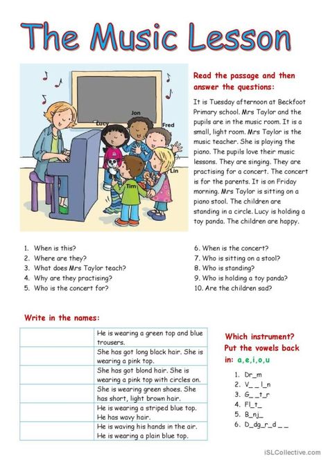 Read The Passage, English Music, Reading Comprehension For Kids, Esl Teaching Resources, English For Beginners, English Conversation, Music Worksheets, Music Lesson, Grammar Practice