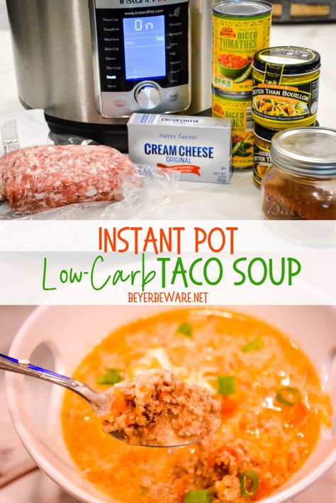 Instant Pot Low-Carb Taco Soup is a simple 5 ingredient taco soup that is done in under 30 minutes and is one of our favorite keto soup recipes. #Keto #LowCarb #KetoRecipes #TacoSoup #InstantPot #KetoSoup Soup Recipes Keto, Instant Pot Low Carb, Low Carb Taco Soup, Keto Soup Recipes, Low Carb Taco, Chile Poblano, Low Carb Tacos, Healthy Sweet Snacks, Keto Taco