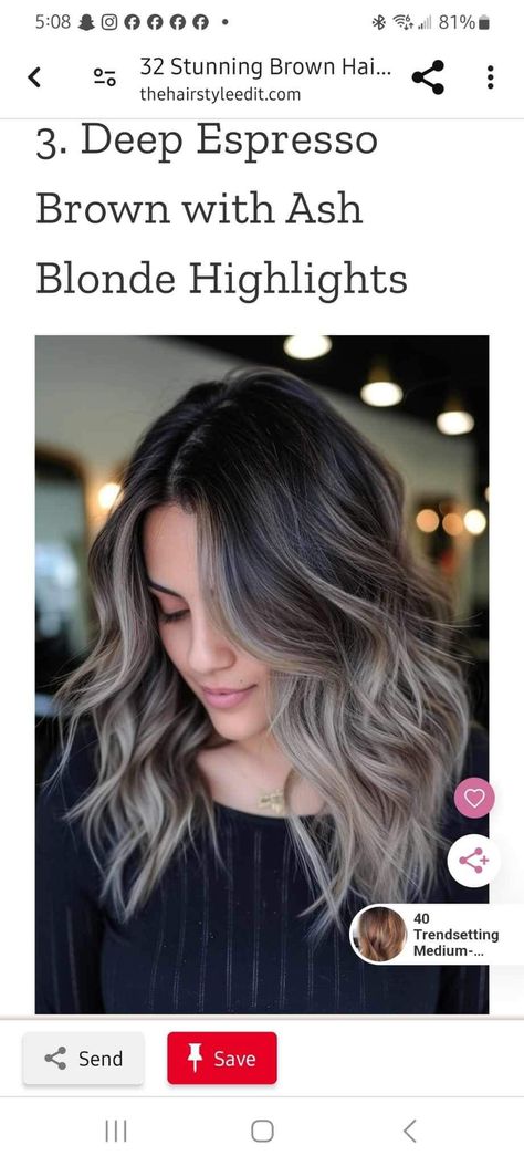 Smoky Brown Hair With Highlights, Ashy Brown And Blonde Hair, Dark Hair Long Bob, Dark Hair With Ashy Highlights, Smokey Brown Hair, Ashy Highlights On Dark Hair, Dark Brown Hair With Ashy Highlights, Smokey Brunette, Gray Highlights On Dark Hair