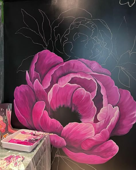 Peony Mural Wall Art, Wall Art Peony, Peony Wall Mural, Hand Painted Flowers On Wall, Painted Flowers On Wall, Flower Mural Wall Paintings, Peony Mural, Flower Murals, Wall Painting Flowers