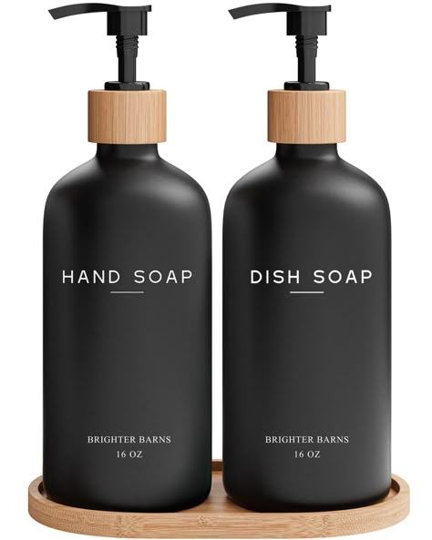 PRICES MAY VARY. INSTANTLY UPGRADE YOUR SPACE - Transform your kitchen or bathroom in seconds with our luxe dish and hand soap dispenser set. Tailored to blend seamlessly with any decor—from boho-chic to modern, luxury, minimalist or farmhouse—this is the countertop upgrade you've been waiting for. AMERICAN DESIGN, UNCOMPROMISING QUALITY - Crafted with meticulous attention to detail, our glass soap dispenser with pump set features 2 robust 16oz glass bottles, rustproof BPA-free bamboo pumps, and Scrub Brush Holder Kitchen, Soap Dispensers Bathroom, Dish And Hand Soap Dispenser, Walmart Kitchen Decor, Black Kitchen Accents, Black And Wood Kitchen Decor, Dark Green And Black Kitchen, Airbnb Kitchen Essentials, Kitchen Soap Tray Ideas