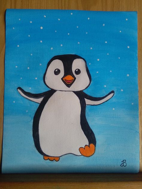 Simple Winter Canvas Painting Ideas, Simple Penguin Painting, Penguin Painting Acrylic Easy, Penguin Window Painting, Penguin Painting Easy, Cute Animal Paintings Easy, Penguin Canvas Painting, Penguin Painting Acrylic, Easy Animal Paintings