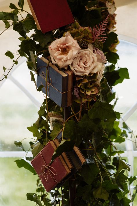 An arch decorated with vintage books and Roses , stunning www.simplyvintageevents.co.uk Book Arch Wedding, Book Lover Wedding, Book Inspired Wedding, Library Themed Wedding, Rustic Library, Bookstore Wedding, Bookish Wedding, Book Arch, Book Birthday Parties