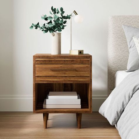 Bedroom Furniture Collections | West Elm Modern Rustic Bedroom Nightstands, Guest Bedroom Nightstand Ideas, Nightstand Japandi, Wooden Bed Side Table Design, Japandi Nightstand, Natural Wood Nightstand, Midcentury Nightstand, Nightstands Ideas, West Elm Nightstand