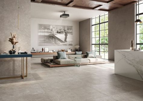 Living Room Floor Tiles, Kitchen Cabinetry Design, Tiles Living Room, Home Minimal, Concrete Bathroom, Living Room Tiles, Floor Edging, Tile Trends, Large Format Tile