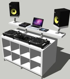 DJ desk constructed by Ikea parts, bosh!                                                                                                                                                      More Dj Pult, Dj Decks, Dj Stand, Dj Table, Dj Room, Home Studio Setup, Professional Dj, Dj Setup, Audio Room