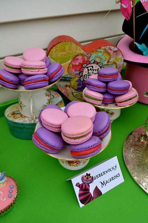 Mad Hatter Tea Party | CatchMyParty.com Cheshire Cat Party Decorations, Mad Hatter Tea Party Ideas Decoration, Cat Macarons, Mad Hatter Birthday Party, Alice In Wonderland Decorations, Alice In Wonderland Mad Hatter, Wonderland Mad Hatter, Alice In Wonderland Tea Party Birthday, Onederland Birthday Party