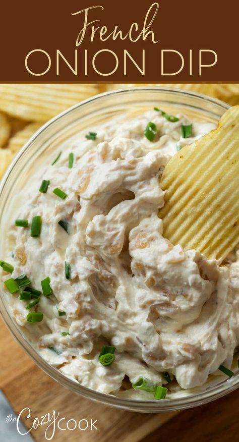 french onion dip in a bowl with a ruffled potato chip being dipped in French Onion Dip Recipe, Dip For Potato Chips, Homemade French Onion Dip, Chip Dip Recipes, The Cozy Cook, Onion Dip Recipe, Cozy Cook, Dips Recipes, Delicious Dips