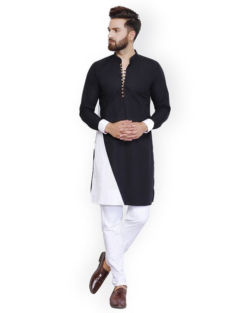 Zotw Men Black & White Colourblocked Straight Kurta - | 1019 Traditional Kurta, Cotton Kurta Set, Boys Kurta Design, Design Kurta, Kurta Pajama Men, Gents Kurta Design, Gents Kurta, Designer Kurta, Kurta Men