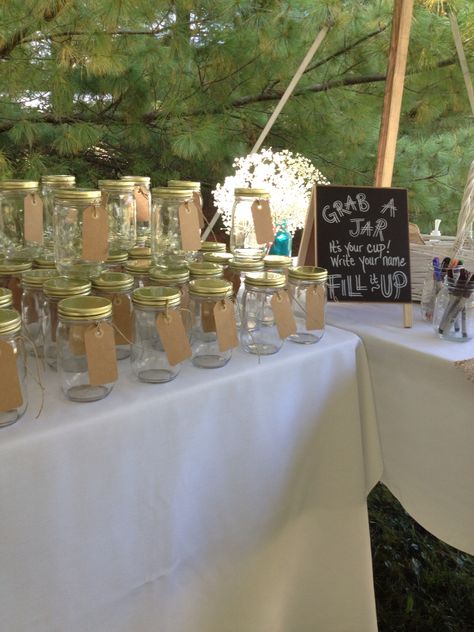 Mason Jar Wedding Cups, Mason Jar Cups Wedding, Glass Cup Wedding Favors, Mason Jar Party Favor, Jar Cups, Mason Jar Party, Mason Jar Wedding Favors, Harvest Wedding, Wedding Drink Station