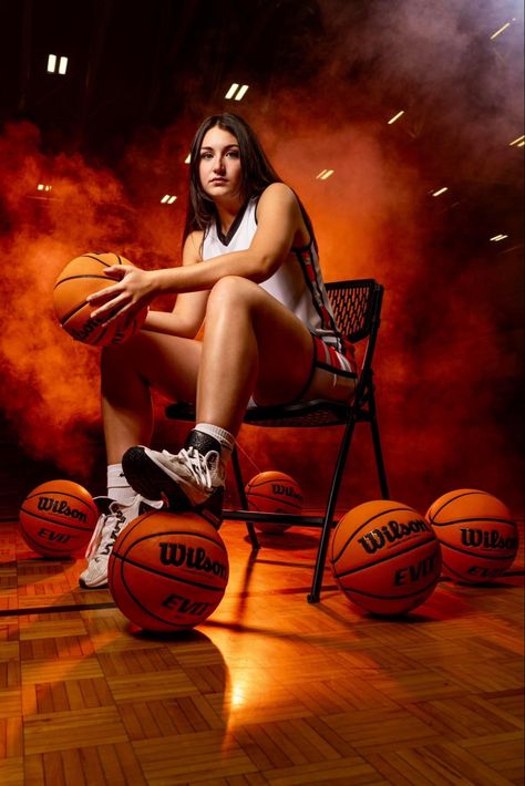 Basketball Senior Portraits, Creative Basketball Pictures, College Basketball Photoshoot, High School Basketball Pictures, Basketball Photo Shoot Ideas, Dramatic Basketball Photography, Basketball Studio Photoshoot, Media Basketball Poses, Netball Photoshoot