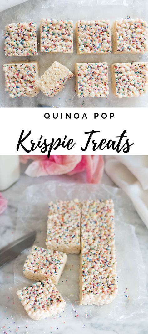 These Easy Quinoa Pop Krispie Treats are far from your average ones! They are made using popped quinoa, marshmallows, and butter. The nuttiness of the popped quinoa balances the sweetness of these treats to create the perfect afternoon snack!  #quinoa #poppedquinoa #snack #treat #pinkdessert #cute #quickrecipe #easyrecipe #3ingredientrecipe #ricekrispietreats Quinoa Krispie Treats, Puffed Quinoa Crispy Treats, Quinoa Rice Crispy Treats, Puffed Quinoa Marshmallow, Puffed Quinoa Cereal, Rice Puff Recipes Healthy, Vegan Quinoa Dessert, Quinoa Baking Recipes, Recipes Using Puffed Quinoa