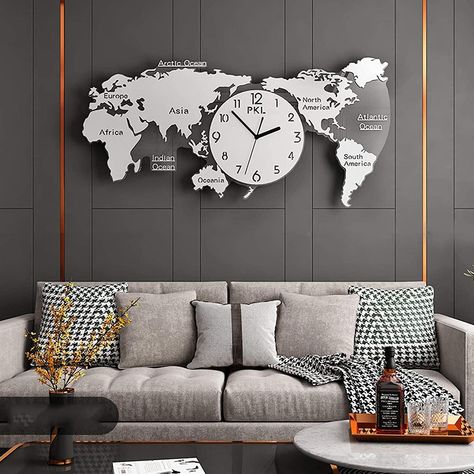 PRICES MAY VARY. Save Space: Wall stick clock saves more room space for other furniture arrangements. It is an ideal landscaping decoration product, beautiful and durable! Art Design: A clock with world map combines functions and art for your home decoration. Uses: living room background wall, TV background wall, sofa background wall, bedroom background wall, kitchen wall and other wall decoration innovative products, installed it to make the space more vivid and more beautiful. Silent Movement: Large Clock Wall Decor Living Rooms, Modern Office Decor Business, Large Clock Wall Decor, Clock Wall Decor Living Room, Tv Wall Decor Living Room, Luxury Wall Clock, Wall Clock Decor Ideas, Office Decor Business, Clock Decor Ideas