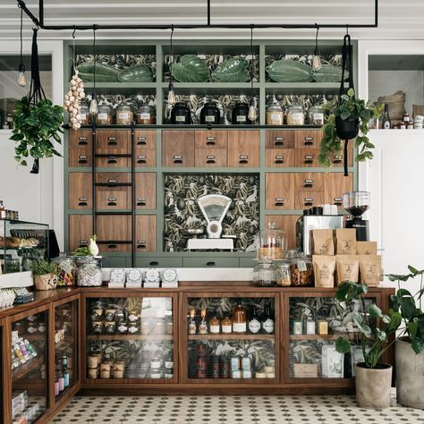 Meet @prado_mercearia the most beautiful grocery shop in Lisbon, and the little sister of @prado_restaurante. This project was made in… Apothecary Decor, Farrow & Ball, Grocery Store Design, Coffee Shop Design, Cafe Interior Design, Shop Interiors, Restaurant Interior, Shop Interior, Cafe Interior