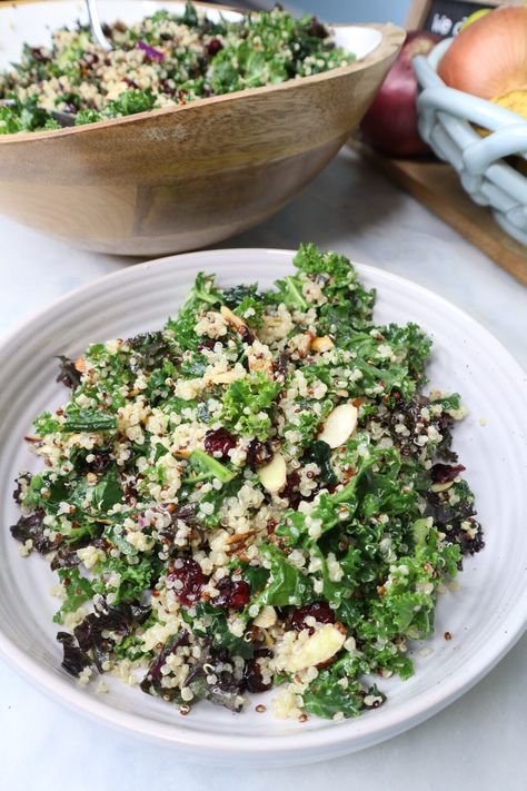 Cranberry, Almond & Quinoa Kale Salad - Cooking Katie Lady Quinoa Kale Salad Recipes, Kale Salad With Quinoa, Quinoa Kale Salad, Quinoa Chickpea Salad, Recipe Kale, Parmesan Crusted Zucchini, Salad With Quinoa, Health Meals, Quinoa Kale