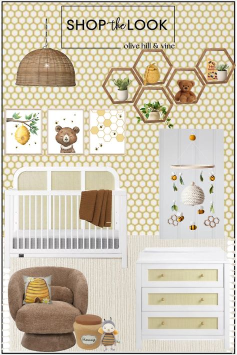 Bee And Sunflower Nursery, Bee Room Aesthetic, Honey Nursery Theme, Bumblebee Nursery Theme, Honeybee Nursery Ideas, Honey Bee Nursery Theme, Honeycomb Nursery, Bee Bedroom Theme, Bumble Bee Nursery Ideas