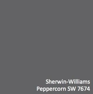 Paint color for Master Bath, Pocket Office, Foyer Ceiling & Back of tv wall LL Fam Room. Sherwin-Williams Peppercorn SW 7674, Peppercorn Sherwin Williams Kitchen Island, Dark Gray Wainscoting, Sw Peppercorn, Peppercorn Sherwin Williams, Interior Paint Colors Schemes, Room Fireplace, Neutral Paint Color, Cabinet Color, Bathroom Paint Colors