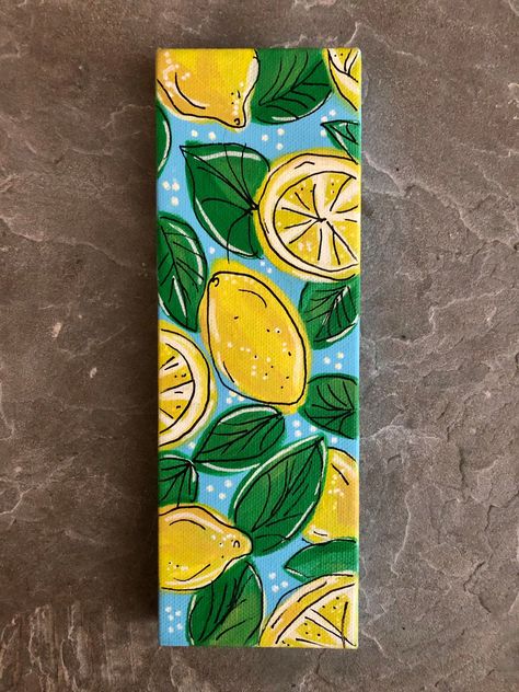 Original acrylic painting of a fun, graphic lemon pattern. Perfect for summertime decor!  Canvas size 9 in. x 3 in. Lemon Wall Art, Summertime Decor, Painting Fruit, Summer Drawings, Lemon Painting, Season Decor, Painting Summer, Wall Art Farmhouse, Posca Art