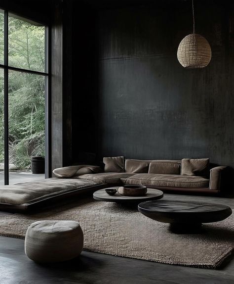 Dark Furniture Interior Design, Minimalist Dark Interior, Black Wabi Sabi Interior, Brutalist Design Interior, Wabi Sabi Dark Interior, Dark Wabi Sabi Interior, Dark Luxury Interior, Dark Moody Rooms, Dark Japandi Living Room