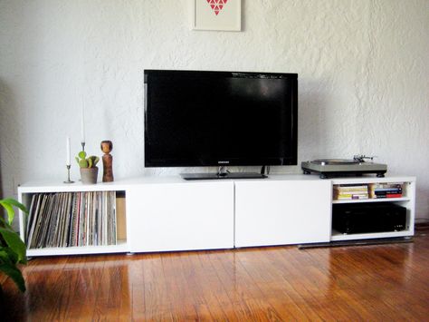 Record stand- put record storage on both sides and stain in deep espresso finish. Living Room Storage Bench, Ikea Tv Unit, Ikea Tv, Record Stand, Tv Stand With Storage, Living Room Tv Stand, Trendy Living Rooms, Table Tv, Record Storage