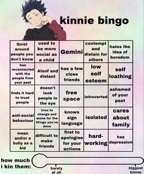 Shera Kinnie Bingo, Kin List Bingo, Neon Genesis Evangelion Kinnie Bingo, Shoya Ishida Kinnie, Monster High Kinnie Bingo, Rei Kinnie Bingo, A Silent Voice Kinnie Bingo, One Piece Kinnie Bingo, Character Bingo Kinnie