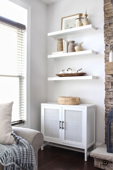 Cabinet Floating Shelves, Shelves Around Fireplace, Cane Cabinet, Built In Around Fireplace, White Cane, Living Room Shelf, Floating Shelves Living Room, Basement Furniture, Floating Shelf Decor