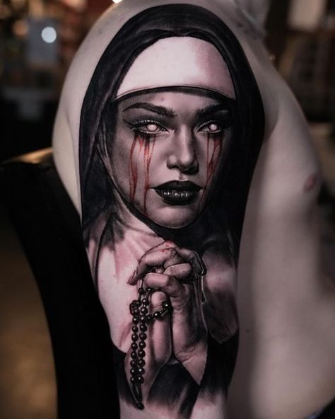 Hyeongho Jackson Choi on Instagram: "A nun🙏🏼✝️ Left one more session to go🔥 Powered by @quantumtattooinks @colordragonneedles @migasupply" Scary Nun Tattoo, Nun Tattoo, Australian Tattoo, Tattoo Artist Tattoo, Tattoo On Hand, Girl Face Tattoo, Realistic Tattoo Sleeve, Hand Tattoos For Girls, Evil Tattoos